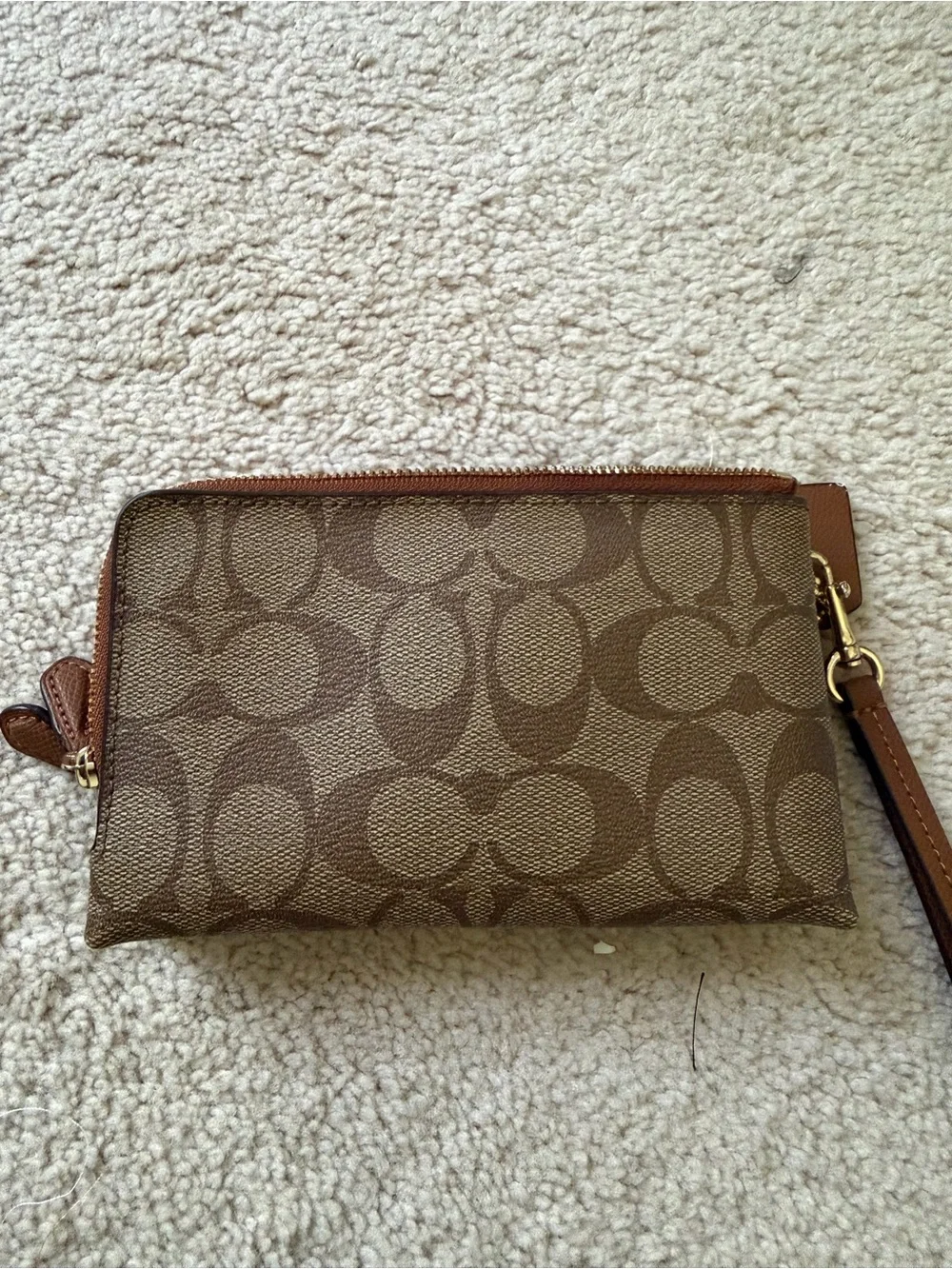 Coach Brown Signature Canvas Wristlet with Leather Strap
